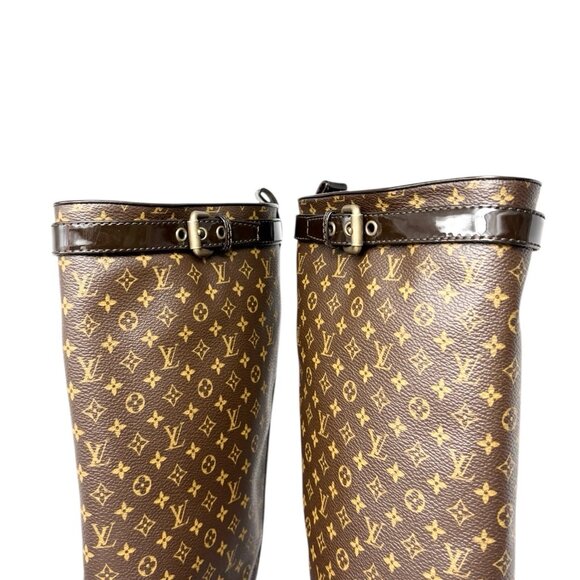 LOUIS VUITTON Vintage LV Monogram Long Boots #37.5 Heels Brown Black [106224] - Picture 12 of 13